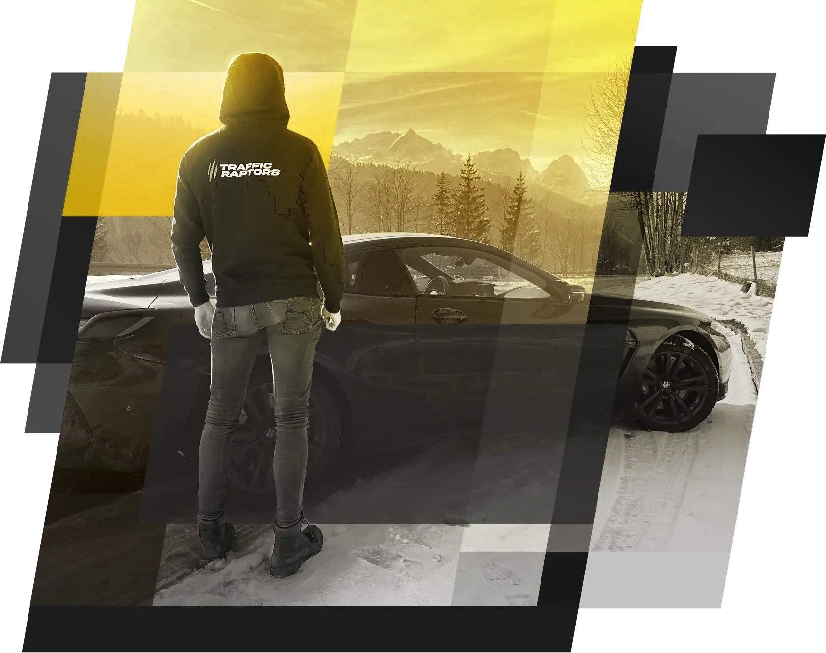 Traffic Raptors media buyer in the pack sweater standing in front of a BMW